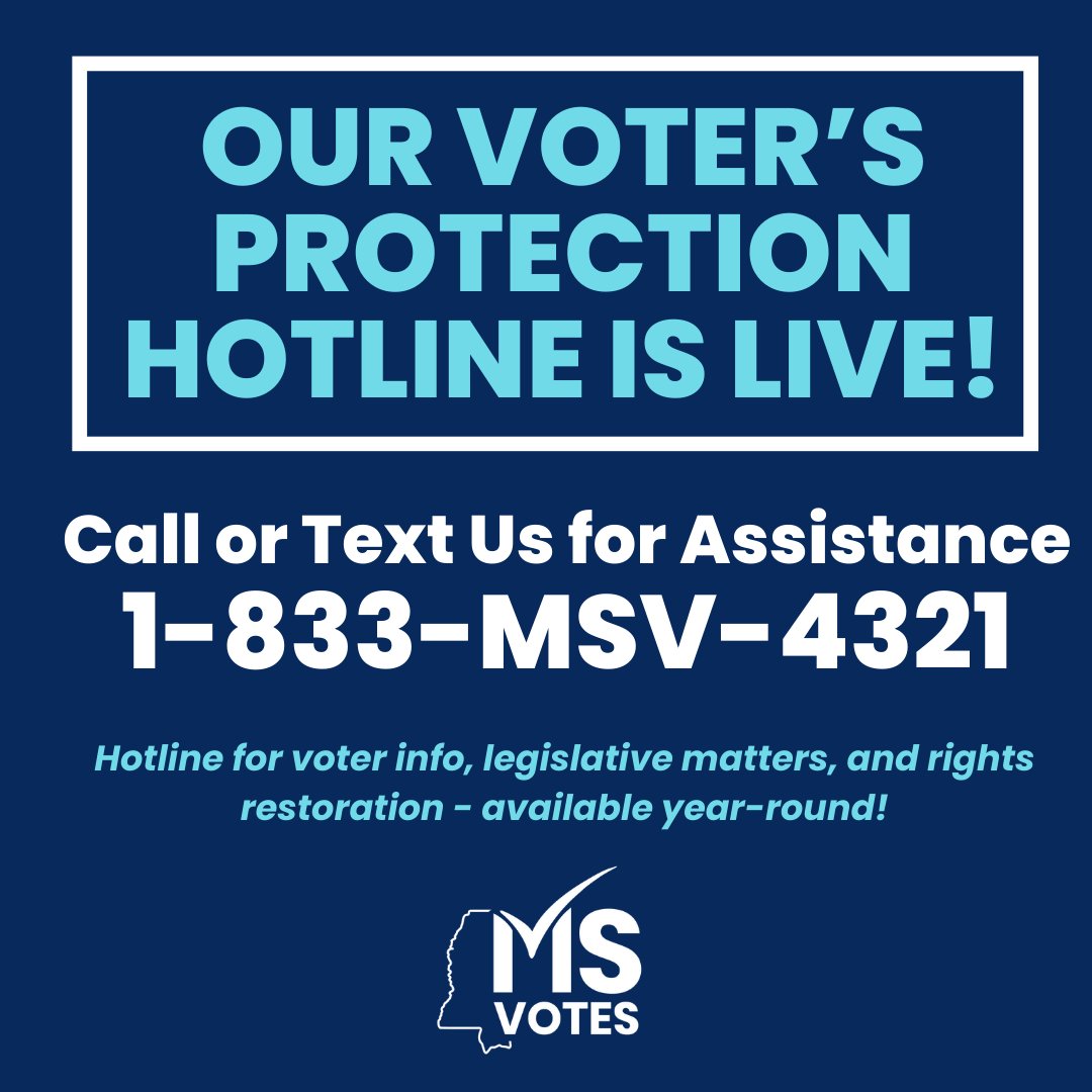 🗳️ Did You Know Our Hotline is available all year?! Hit us up with any questions you may have!

 Contact MS Voters Info Hotline at 1-833-678-4321.  🇺🇸 

#MSVotes  #MSV #MSPol