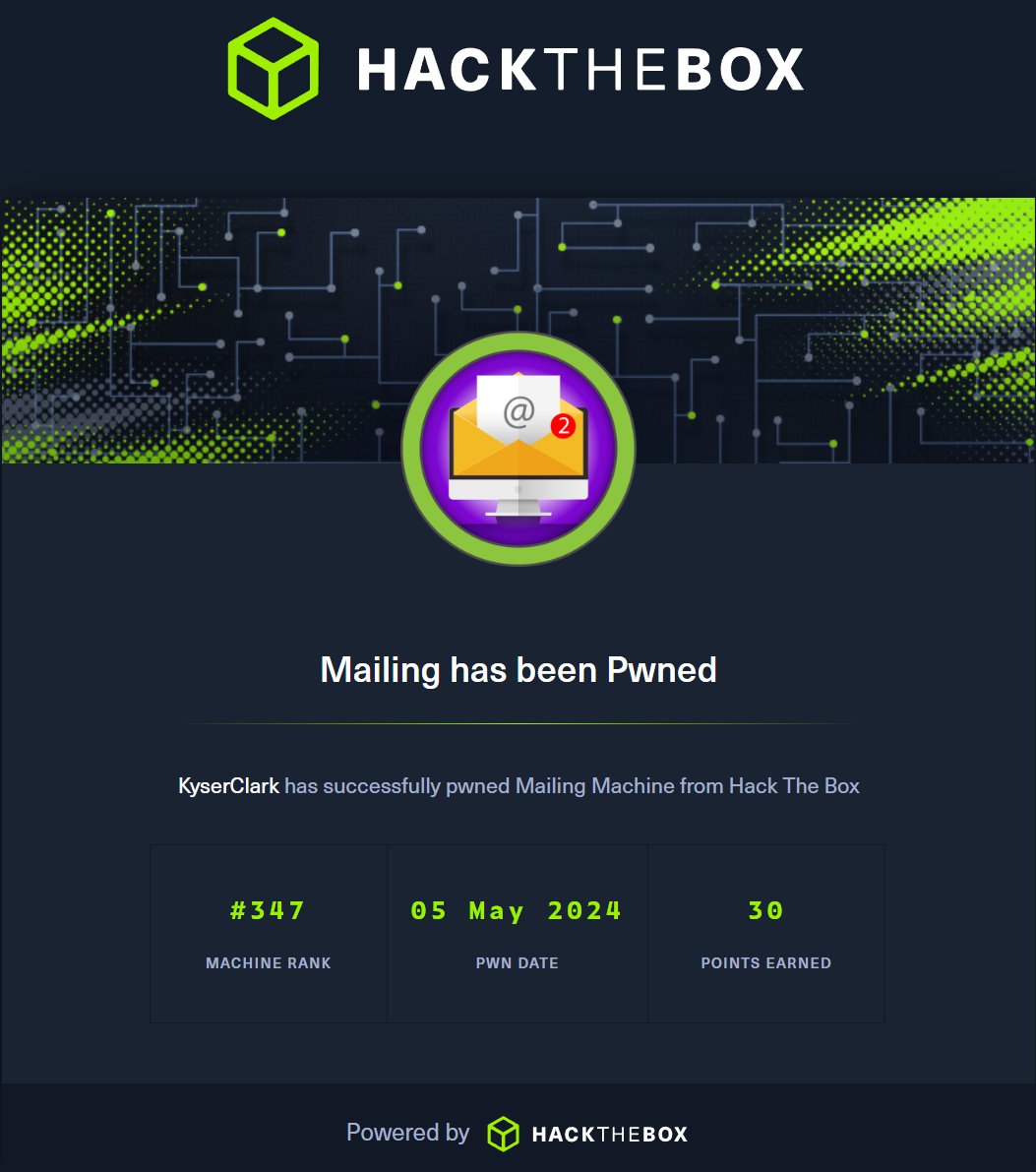 I just pwned #Mailing on #HTB! 

The privilege escalation on this was a little challenging; it was almost a medium-level machine, in my opinion. But since the initial access was pretty easy, it's still an easy box overall. 

#HackEveryDay #Cybersecurity  #InfoSec  #PenTester