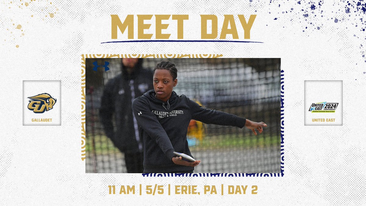 Gallaudet Women’s Outdoor Track & Field Meet Day  
United East Championship 🏆 - Day 2
⏰ 11 AM
🆚 @GoUnitedEast 
📍 Erie, PA (Hosted by @PSBAthletics)
📊 milesplit.live/meets/619399
📹 boxcast.tv/view/united-ea…
#GUBison | #d3track