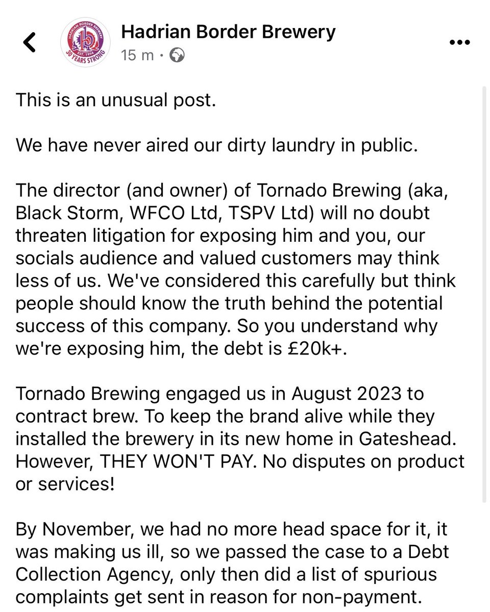 HadrianBorder's tweet image. Please repost and help us ensure the industry doesn't suffer further. We know of one other brewery who is also owe a significant sum of money