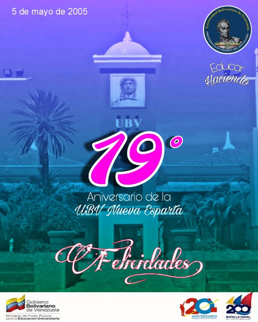 ¡Felicidades! 19° aniversario de la UBV en Nueva Esparta 
ubvaldiainforma.blogspot.com/2024/05/19-ani…

#SomosUBV 
 #LasSancionesNoNosDetienen