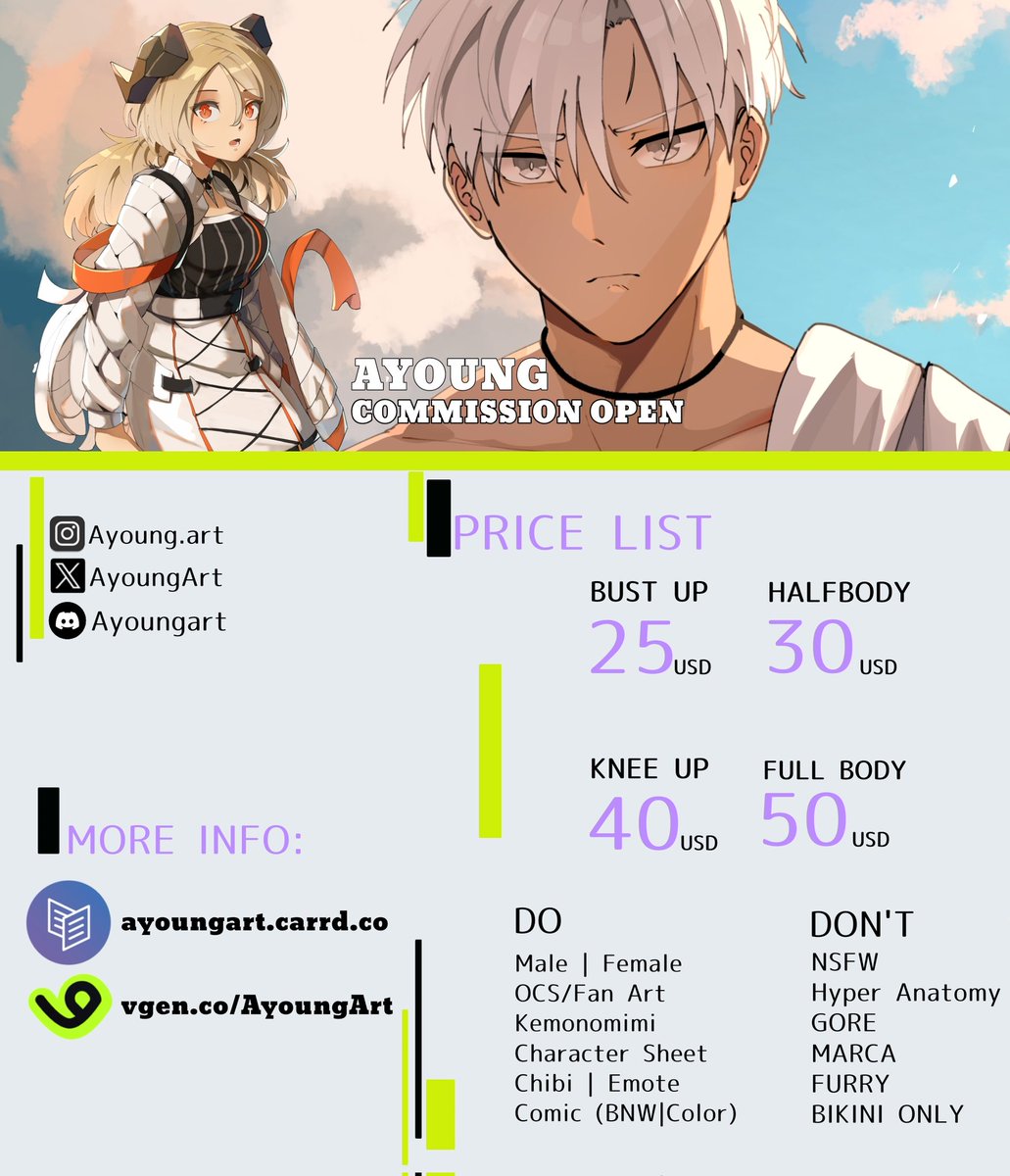 Repost are very appreciated! 🙏

Hello! I'm open for commissions!
Don't hesitate to ask me anything at my DM or discord: Ayoungart     
More info: ayoungart.carrd.co

🔵 Available on vgen
#opencommission #ArtCommission #VGenComms #CommissionSheet