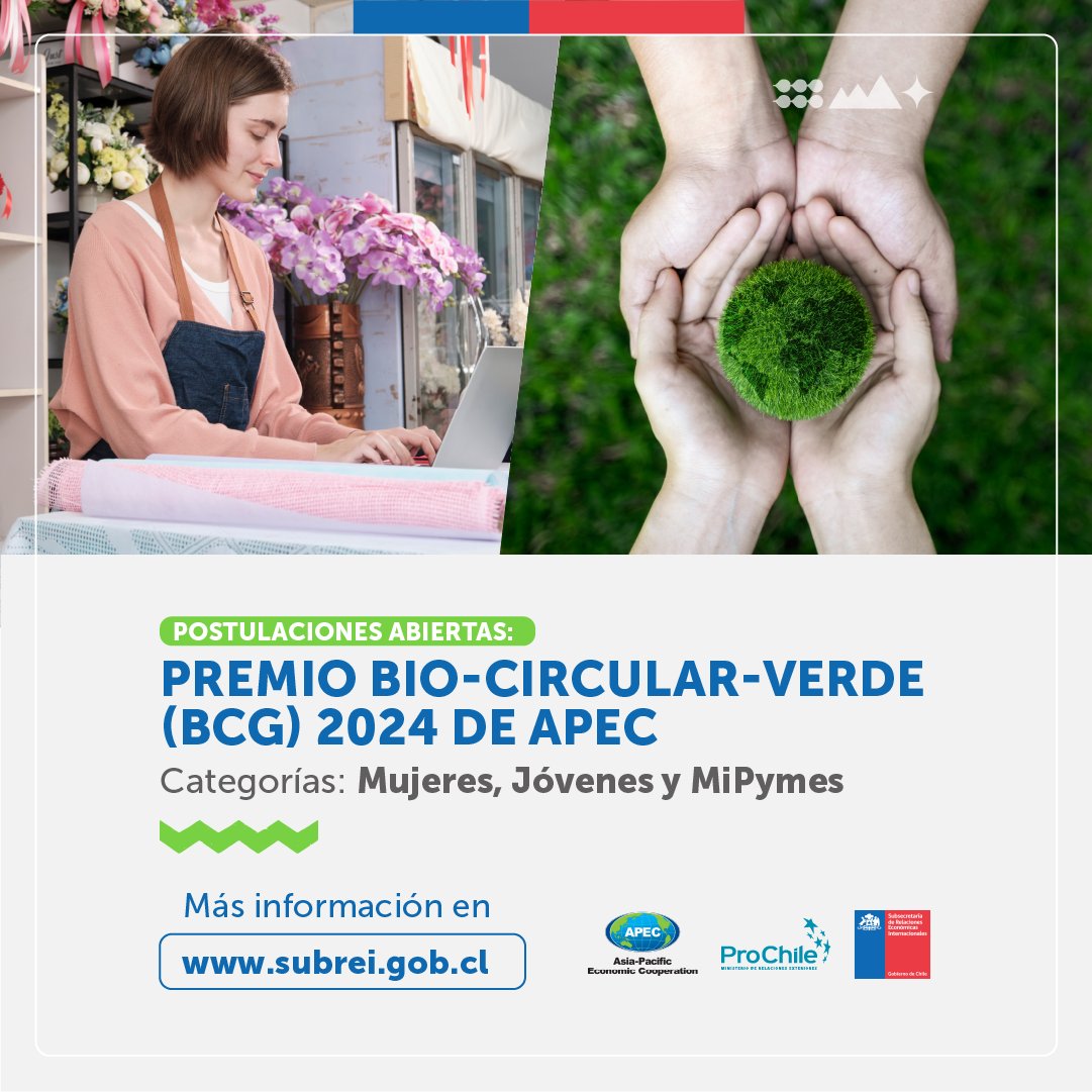 👏 ProChile y @subrei_chile invitan a todas las empresas innovadoras y empresarios/as para postular a la nominación chilena para el Premio Bio-Circular-Verde (BCG) 2024 de APEC. Inscríbete aquí ➡ bit.ly/3WmLjuE