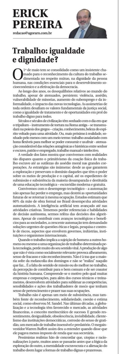 erickadv's tweet image. Sugestão de leitura: “Trabalho não é apenas um meio de subsistência, mas também fonte de reconhecimento, solidariedade, coesão e estima social, … “

agorarn.com.br/coluna/trabalh…