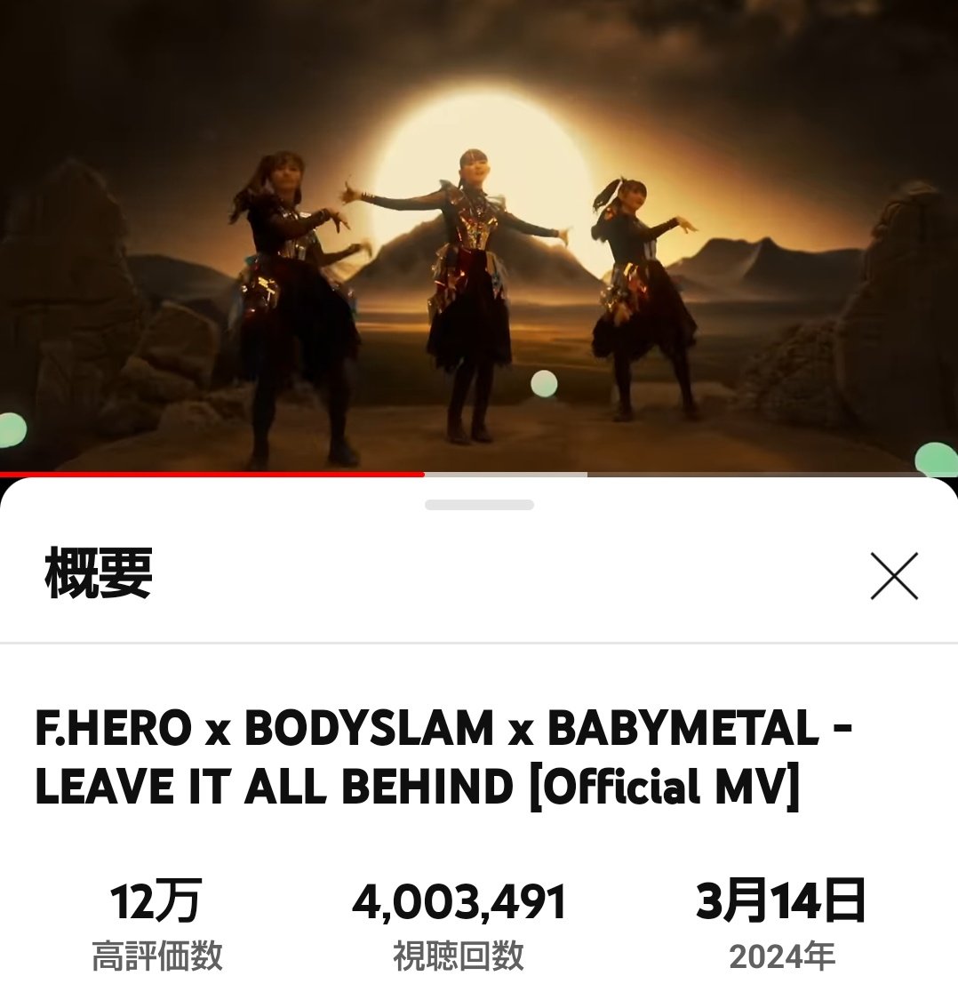 ㊗️4️⃣0️⃣0️⃣0️⃣0️⃣0️⃣0️⃣回再生🎉
🔥🔥💝💝🦊🦊🦊🇹🇭🇯🇵🇹🇭🥰🥰🥰
#ＦHERO
#BODYSLAM
#BABYMETAL
#LEAVE_IT_ALL_BEHIND
#４００万再生