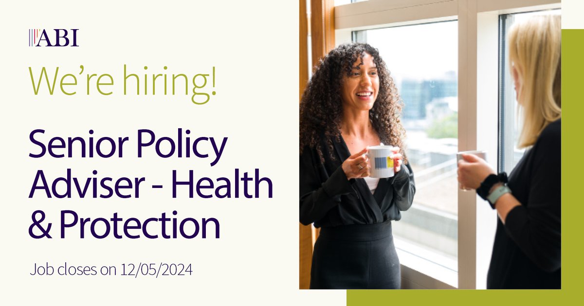 HIRING | Senior Policy Adviser, Health & Protection *closes tomorrow* You'll help develop ABI policy to improve the health of the UK, lead & contribute to projects with colleagues, government, our members in the insurance industry & other stakeholders. app.beapplied.com/apply/iyuekuwv…
