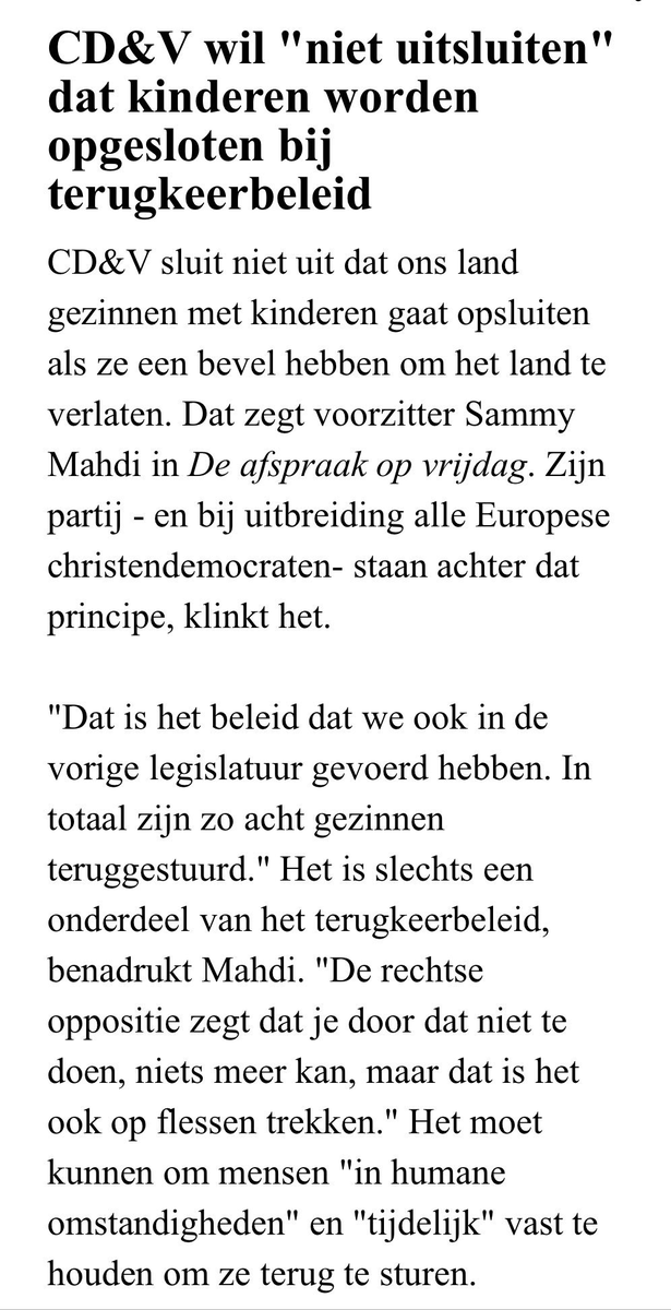 Bonjour, @prevotmaxime. Votre alter ego CD&V n'exclut pas d'enfermer des enfants dans le cadre des expulsions (qui sont 'la pierre d'angle de notre politique d'asile', selon Nicole de Moor). Selon lui, toute la démocratie chrétienne est sur la même longueur d'onde. Vous compris ?