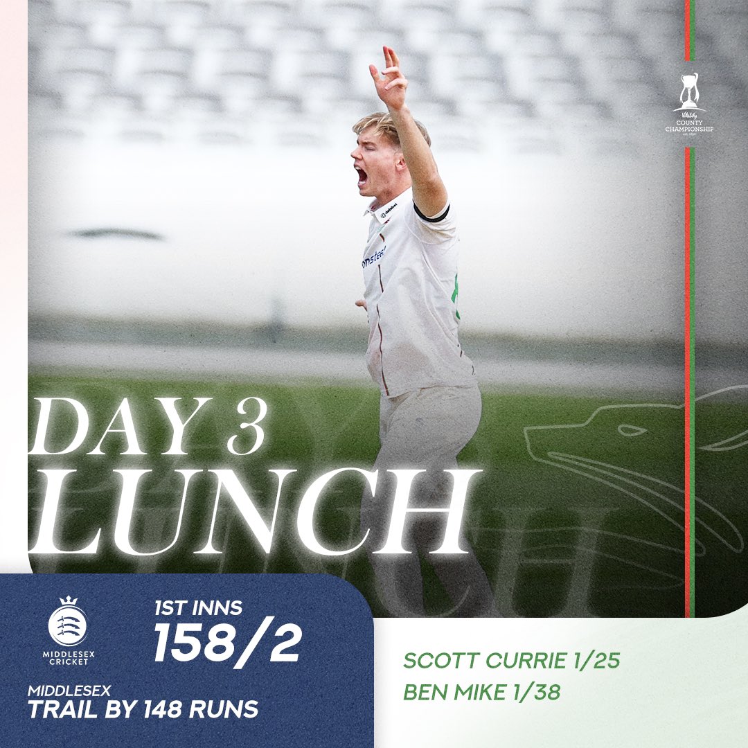 𝐋𝐔𝐍𝐂𝐇 🍽️ Currie struck in the first over the session, before the Foxes attack put the squeeze on the home batters. Robson and du Plooy have played nicely, however. ⚖️ MID 158/2 🦊#MIDvLEI