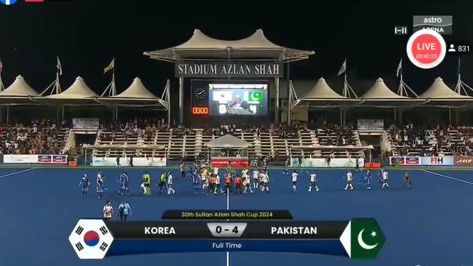 FT: Pakistan 4-0 Korea Pakistan thump Korea to register their second successive win in the Sultan Azlan Shah Cup 🇵🇰✅👏 The Green Shirts are now at the top of the six-team points table 🔝 #SASC24 #HockeyTwitter