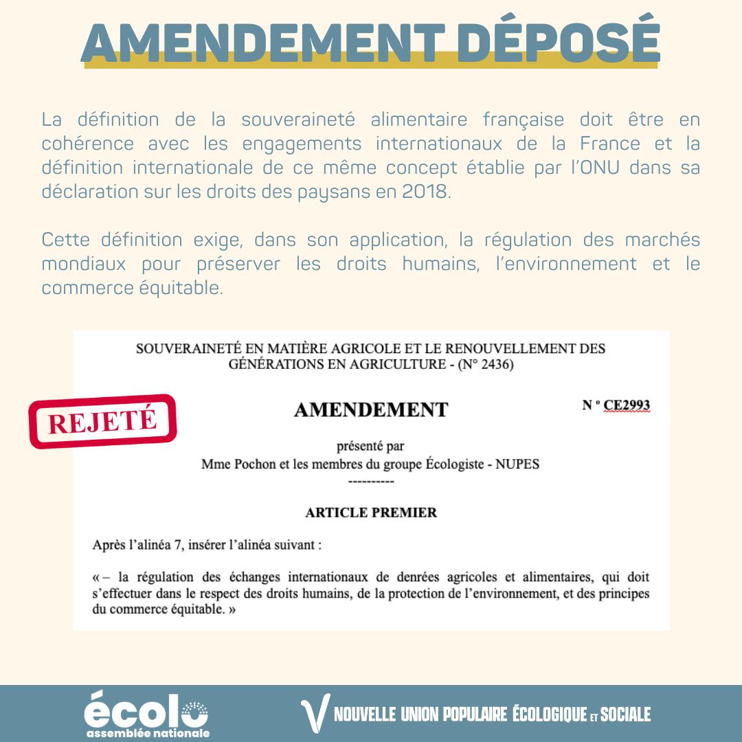 Je ne sais pas si c'est le 'respect des droits humains' ou 'la préservation de l'environnement' qui leur ont posé problème, mais @DeputesRE, le Gouvernement et @lesRepublicains ont rejeté cet amendement sur la régulation des marchés mondiaux dans le #PJLOA 🤷‍♀️