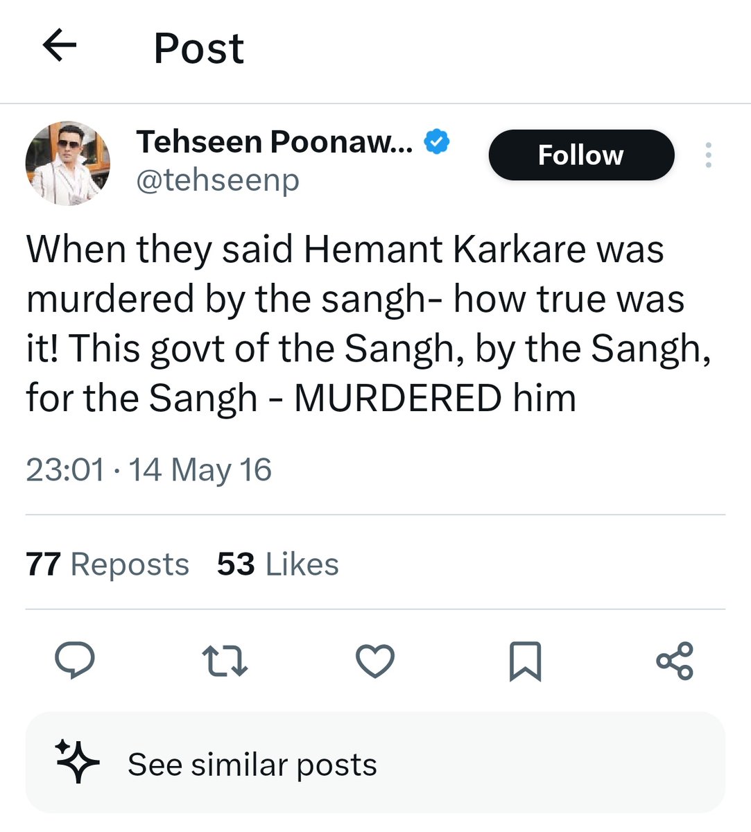Tweet on Hemant Karkere deleted by @tehseenp. But after 8 years?