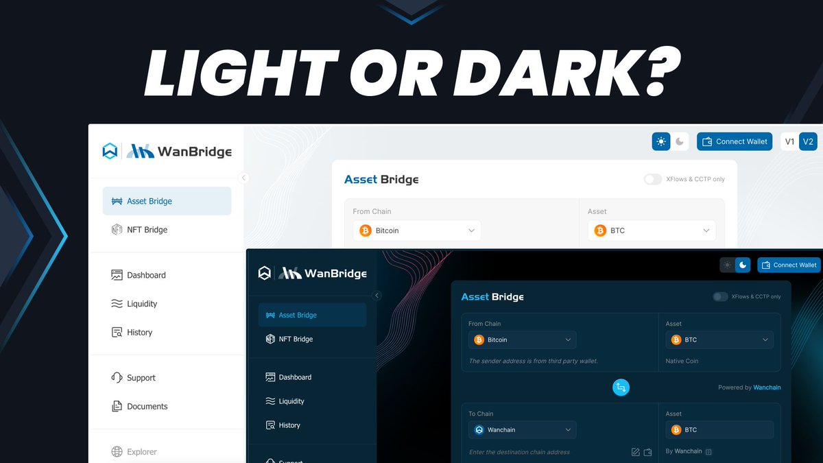 ☀️ or 🌙 ? A) Bask in the gentle glow of light mode – illuminate your screen and your mind with clarity. or B) Embrace the darkness with dark mode – let your focus thrive and creativity spark. Your Bridge – Your Way bridge.wanchain.org Which one is your favourite? 👇