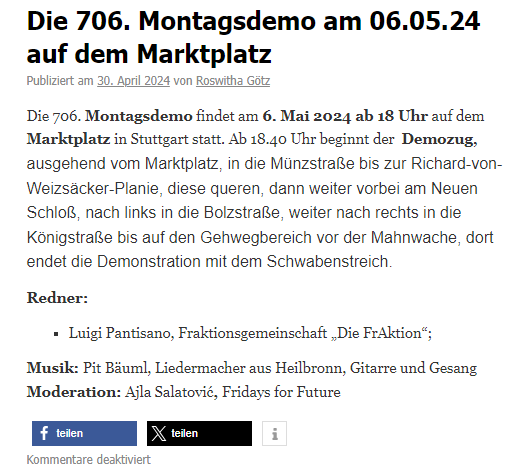 Earthfriend21's tweet photo. ℹ️ #BadenWürttemberg #s0605
706. #Montagsdemo gegen #Stuttgart 21 #S21 am 6.5.24,18:00 Marktplatz
🔴Redner:
@LuigiPantisano , Fraktionsgemeinschaft „Die FrAktion“
🔴Musik: Pit Bäuml, #singersongwriter aus #Heilbronn
🔴Moderation: @AjlaSalatovic (@fffstuttgart) https://t.co/qTluR1hP42