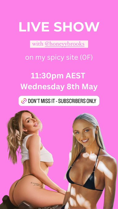 LIVE SHOW on my Only Fans with @brookshoneyy 

WED 8th MAY 11:30PM AEST

FREE FOR ALL SUBSCRIBERS

https://t