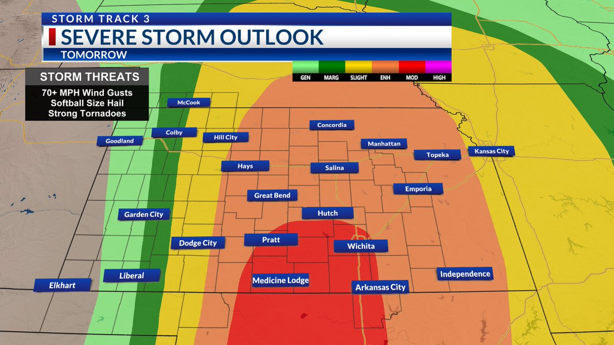 A Moderate Risk has been issued for tomorrow, and it includes the Wichita metro. All severe hazards including the threat of tornadoes, some strong and long-tracked, are on the table tomorrow. Make sure you stay weather aware! #kswx @KSNStormTrack3 @KSNNews