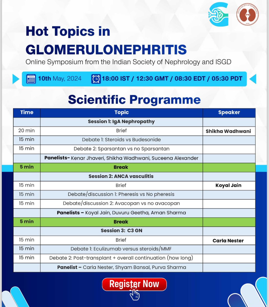 Indian Society of Nephrology (@isn_india) on Twitter photo Hot Topics in Glomerulnephritis. An online symposium organized by the <a href="/isn_india/">Indian Society of Nephrology</a> and <a href="/ISGDtweets/">International Society of Glomerular Disease</a>.
10th May 2024, 6.00PM IST
Register here 👉 us06web.zoom.us/webinar/regist… Hot Topics in Glomerulnephritis. An online symposium organized by the <a href="/isn_india/">Indian Society of Nephrology</a> and <a href="/ISGDtweets/">International Society of Glomerular Disease</a>.
10th May 2024, 6.00PM IST
Register here 👉 us06web.zoom.us/webinar/regist…