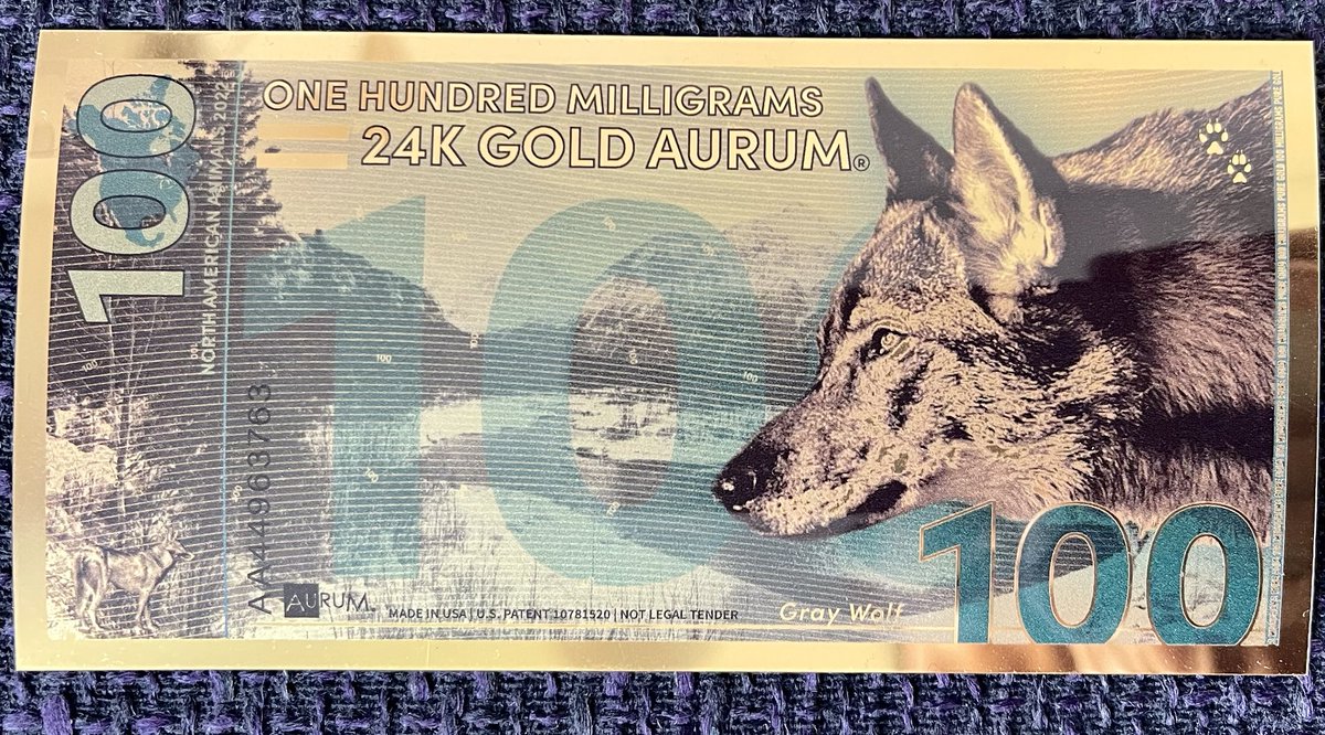⁦@JrMiningGuy⁩’s Deutsche Goldmesse gifted me this 100 aurum note. (Thanks!) Truth is, I’ve not been keen on the idea of plasticized #gold. I want to accumulate bullion, not spend it. But I could see spending this… or I could if they hadn’t put a wolf on it. ;-{)}