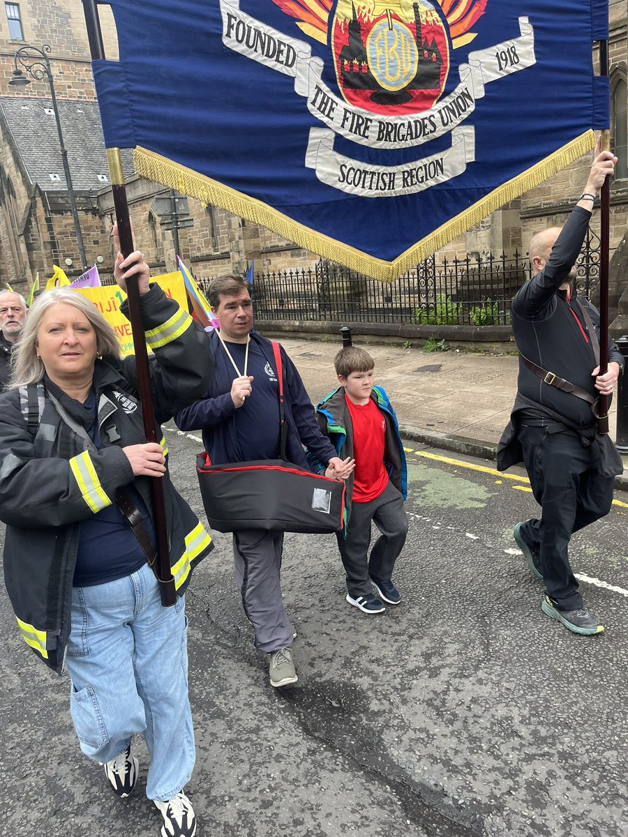 The FBU banner was pride of place at the Glasgow May Day march today ✊🚒 @fbunational @FBUeastscotland @FBUScotNorth @WestScotlandFBU @ScottishTUC