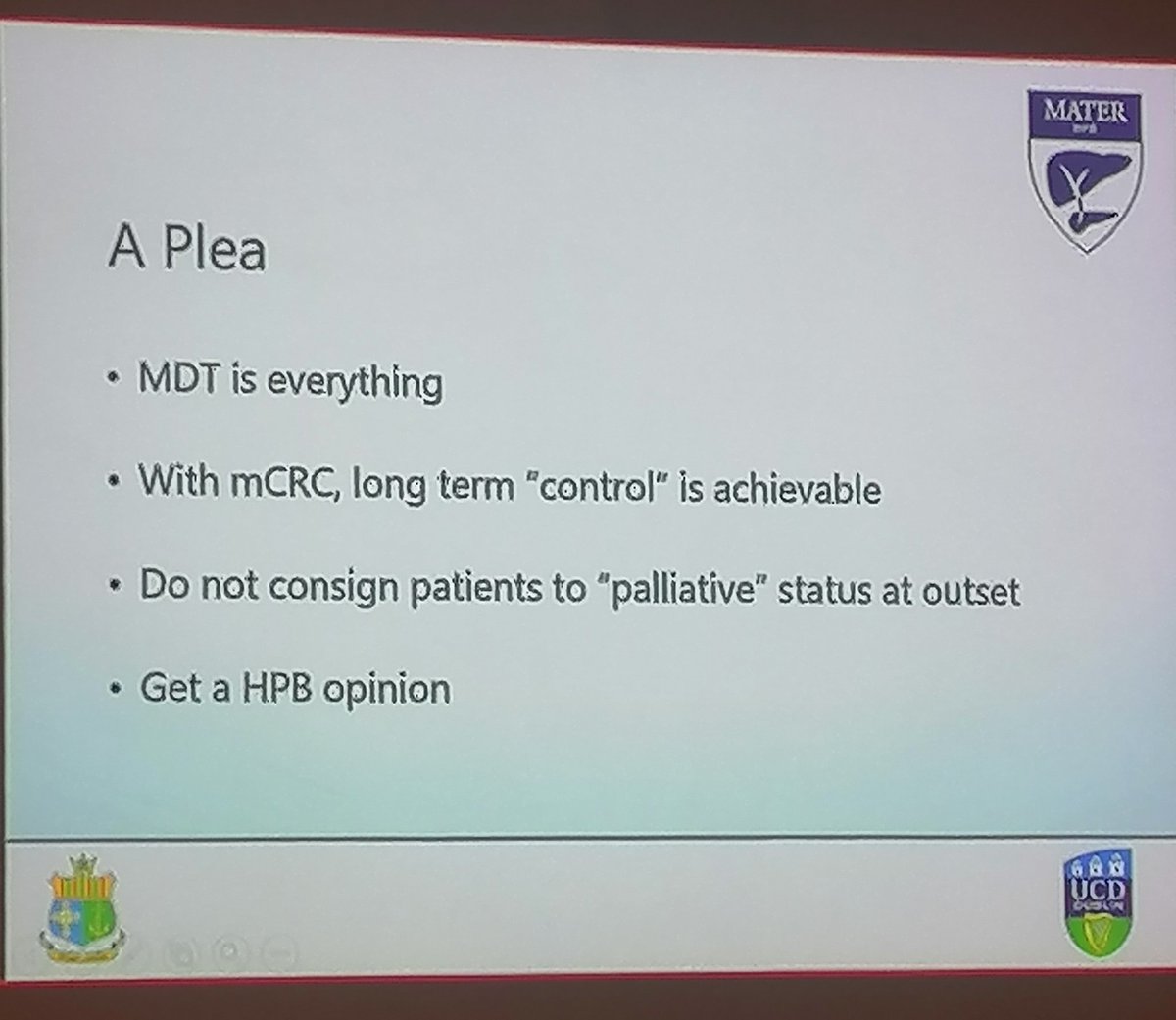 Excellent presentation from @jbconneely at @RCSI_Irl #BowelCancer event. 

Times are changing in management of CRC liver mets - important to seek opinion of HPB as part of MDT 

For the best patient outcome, It takes a village 💙🙌

#MDT #LiverResection #ImprovingOutcomes