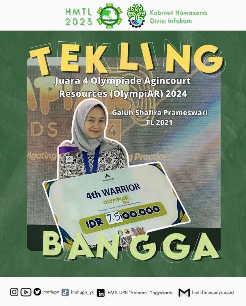 [TEKLING BANGGA] 

Selamat kami ucapkan kepada:
Galuh Shafira Prameswari (114210104)

Atas penorehan prestasi pada kejuaraan:
Olympiade Agincourt Resources (OlympiAR) 2024

Semoga dapat menjadi motivasi bagi teman-teman semua! 

#TeklingBangga
#BersamaBisa
#HMTL2023
