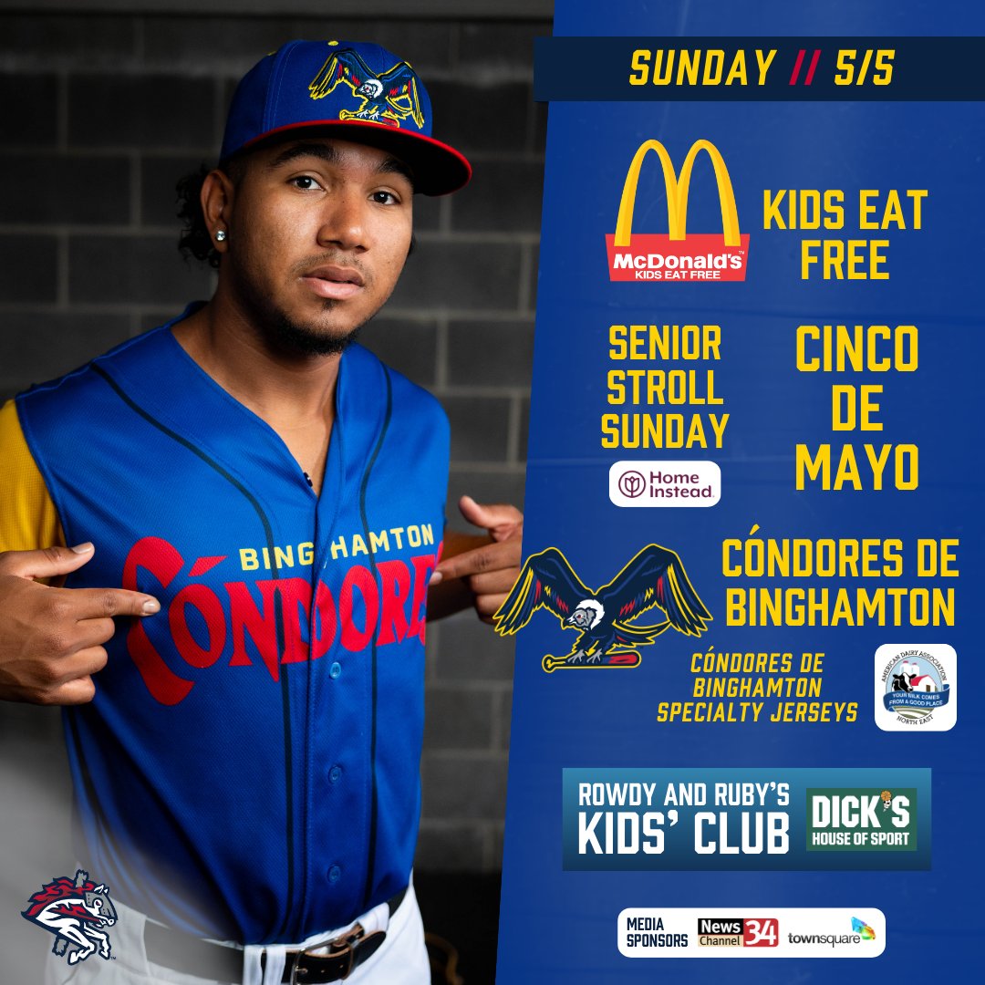 Happy Cinco de Mayo! Today we transform into the Cóndores de Binghamton in celebration of @MiLB's #CopadelaDiversión Hispanic fan engagement initiative. Gates open at 12:00 pm. Tickets are available at loom.ly/ZtUGS9A.