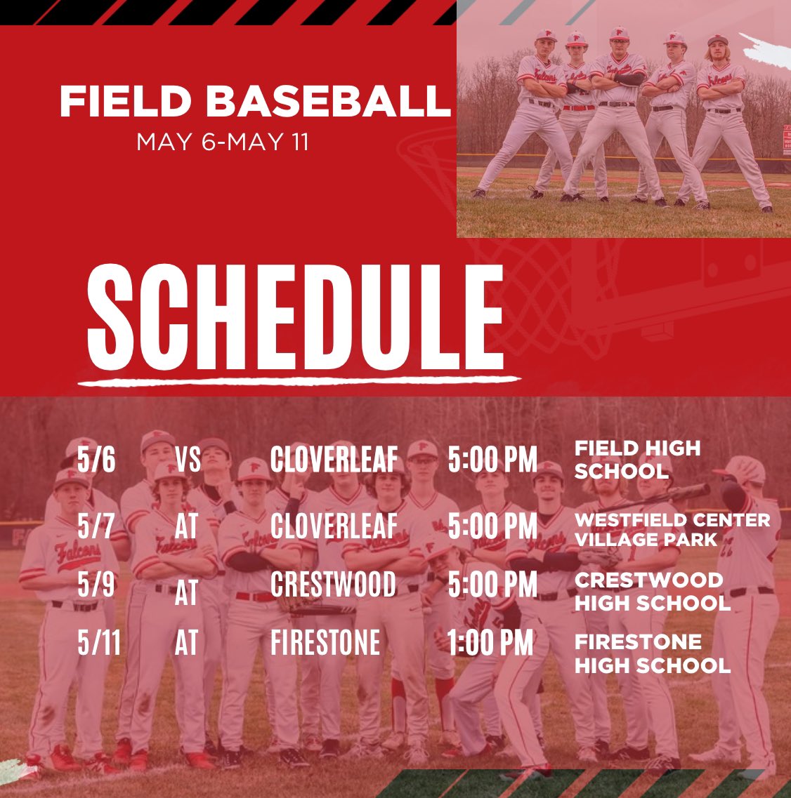 A big week ahead for the Falcons, as we finish up our conference play against @CloverleafBase. We also head to @CwoodBaseball and @stone_baseball for some non-conference action. #WBM