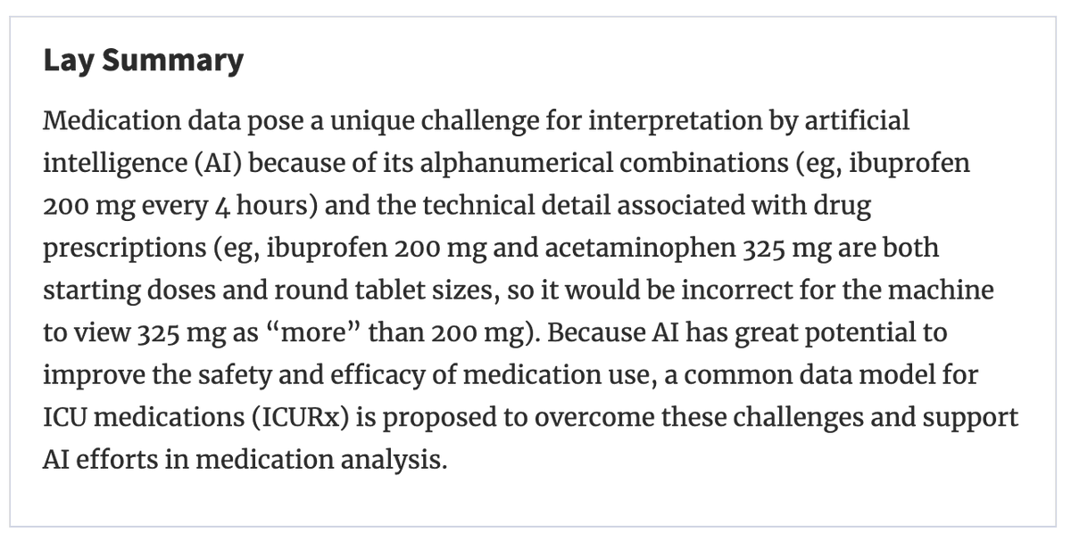 Presenting the ICURx Common Data Model as a potential solution to ill-structured medication data Even as a preliminary study, it coded 94,234 coded elements for use in AI algorithms @AMIAinformatics @rkamaleswaran @davidmurphymd @emorybmi @devlinpharmd @SESmithPharmD @kkeats_…