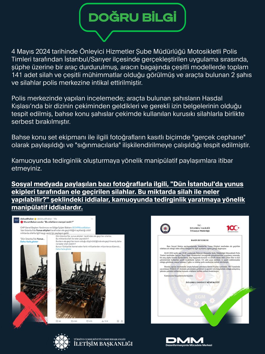 Sosyal medyada paylaşılan bazı fotoğraflarla ilgili, 'Dün İstanbul'da yunus ekipleri tarafından ele geçirilen silahlar. Bu miktarda silah ile neler yapılabilir?' şeklindeki iddialar, kamuoyunda tedirginlik yaratmaya yönelik manipülatif iddialardır. 4 Mayıs 2024 tarihinde