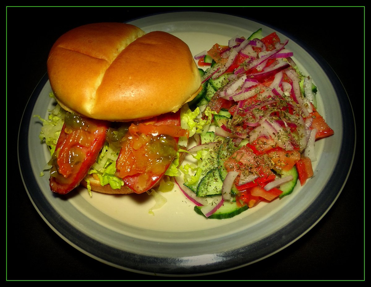 Homemade Bison & Venison Hot Pepper Sausage Sandwich with Quick Cucumber and Tomato Pickle #dinerinmymind #homecooking #food #cookingathome #homemade #bison #venison #hotpeppers #sausage #quickpickle #cucumber #tomato #supportlocal #Manitoba