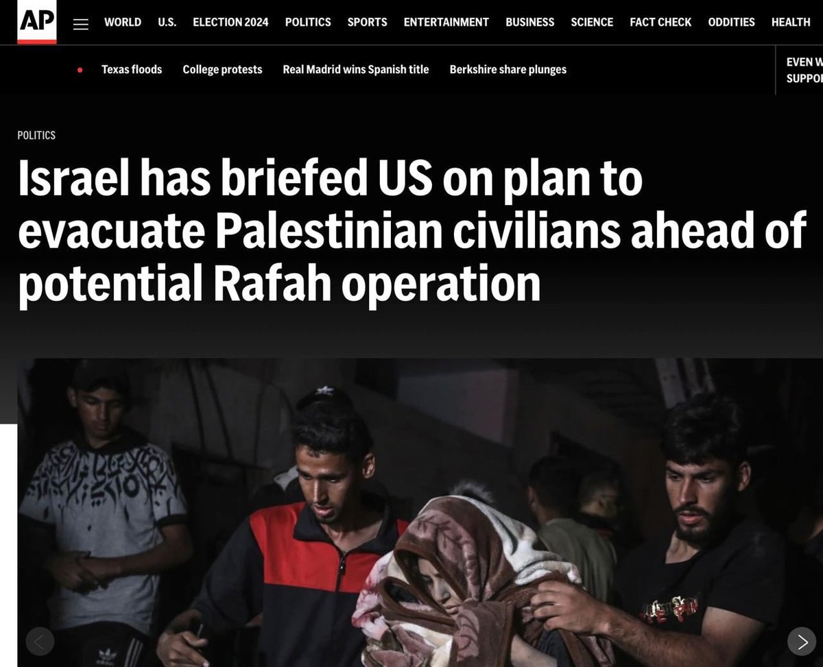 🇺🇸🇮🇱🇵🇸 Israel presented the White House with a plan to evacuate civilians from Rafah in the Gaza Strip - Associated Press 'Evacuation should precede the outbreak of hostilities, but the US still considers military action too dangerous for the Palestinians”