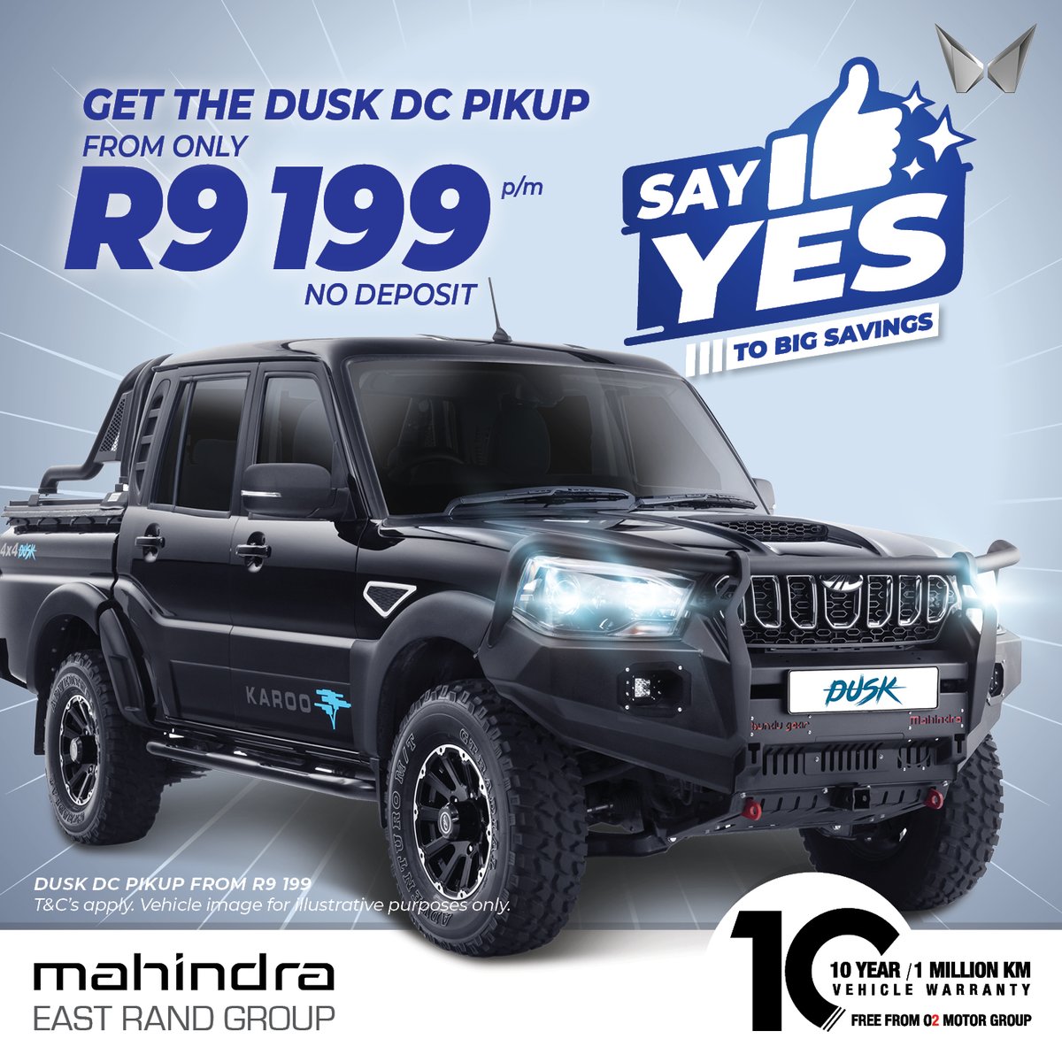 Say YES to the Mahindra Double Cab Karoo - your ultimate companion for off-road escapades and backcountry adventures.

Unleash your adventurous spirit and embrace the thrill of exploration with this rugged marvel. Designed for the boldest of journeys.

Take the first step tow ...