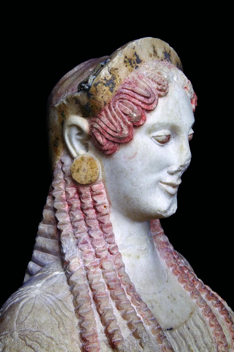 'Kore' from the Acropolis Museum in Athens. The statue has traces of the original colours that would have been visible when it decorated the Acropolis in the 6th century BC. Photographer: Giorgos Vitsaropoulos/Acropolis Museum.