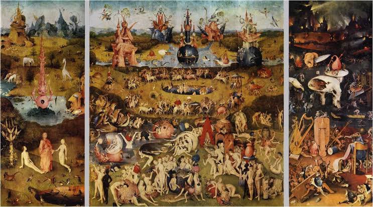 Hieronymus Bosch, Dünyevi Zevkler Bahçesi tablosunu 1515’de çizmiş. Resim üç aşamadan oluşuyor; dünyanın oluşumu ve ilk insanlar sol tarafta, sağa gidildikçe zamana göre dünyanın değişimi resmedilmiş. Galiba biz en sağdayız 💨