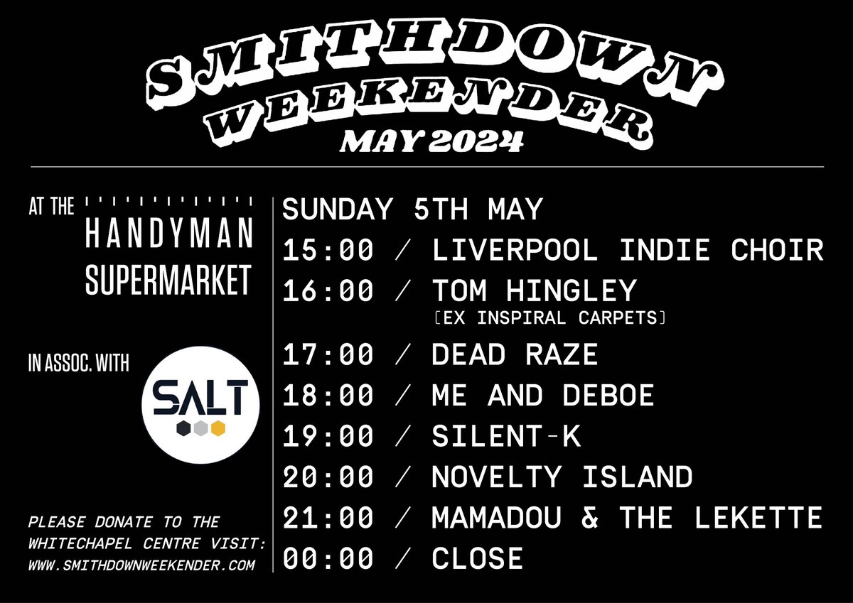 Today (Sunday) at the @handymanSmarket / @handymanbrewery the @SmithdownFest @tomhingleymusic @VillyRaze @Silent__K__ @_noveltyisland + Load More!!! Beers from @SaltBeerFactory donations to @WhitechapelLiv JOIN US!!!!!! Kicks off at 3pm with Liverpool Indie Choir