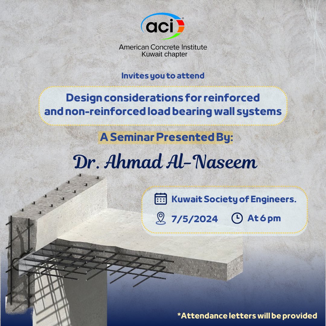 تدعوكم جمعية الخرسانة الأمريكية لحضور ندوتها العلمية بإشراف الدكتور أحمد النسيم في جمعية المهندسين المدنيين. 
يرجى التسجيل في اللنك الموجود لضمان حصولكم على شهادات معتمدة من الجمعية

docs.google.com/forms/d/1PtvM1…