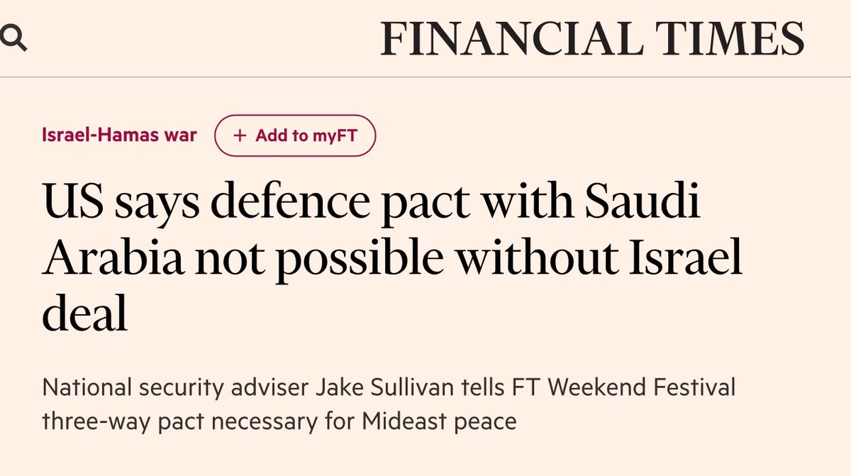 Saudi Arabia to USA: “Let’s make a bilateral defense deal.” USA: “But you need to normalize relations with Israel first.” Saudis: “For that to happen, Israel needs to agree to a Palestinian statehood.” Netanyahu: “No state for Palestinians.” Stalemate in Middle East.