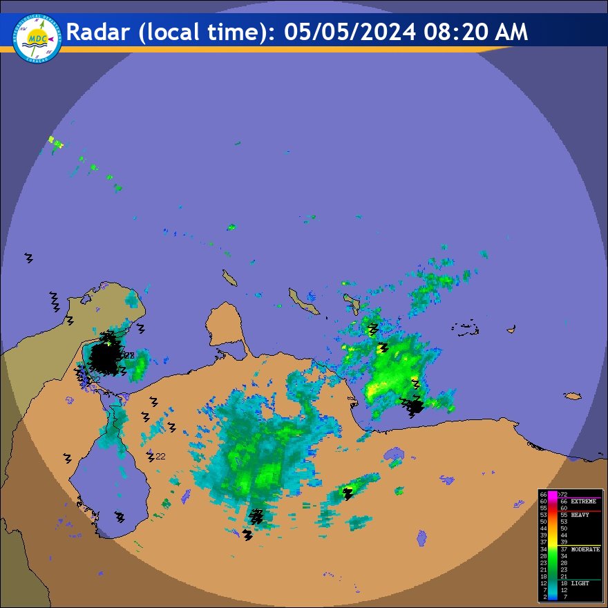 Trazas del radar de Curacao marcando zonas de lluvia al N de la costa de Aragua y Carabobo, tambien sobfe los estados Occidentales.