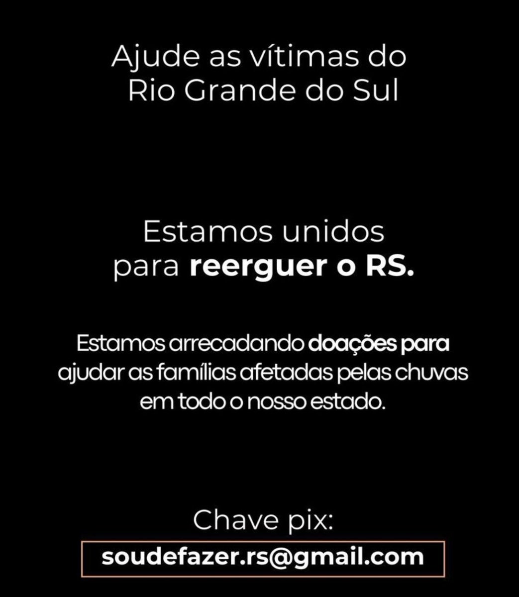 Postei aqui anteontem um link do Governo do Rio Grande do Sul para doações.

Muita gente disse não confiar em doar para o governo estadual.

Então, doe para esse Pix aqui. Está sendo muito necessário! Se puder ajudar, ajude!