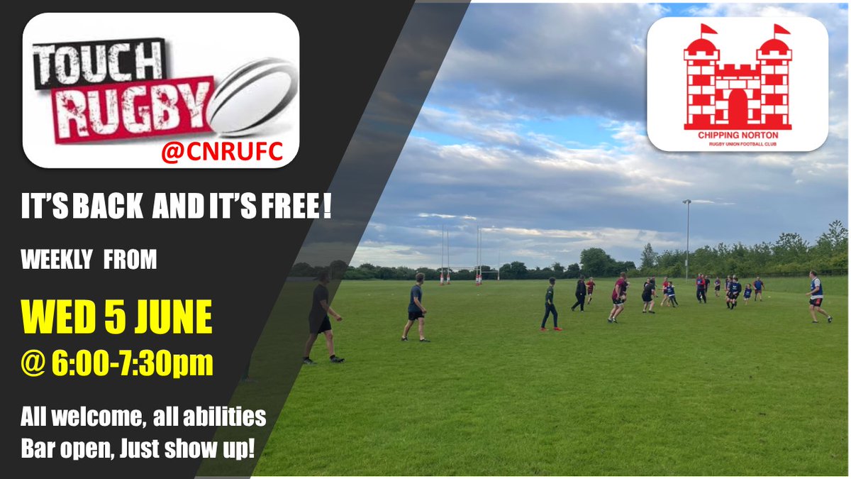 Our free community Touch Rugby returns in June for the summer. Fun and fitness for all the family, you don't need to be a club member to participate. Just come along on the 5th and see what it's all about! #cnrufc #chippingnorton #touchrugby #oxfordshirerfu