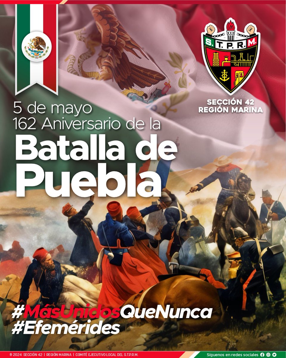 162 Aniversario de la Batalla de Puebla.

Conmemoramos el valor, la unidad y el patriotismo del pueblo mexicano.

#Efeméride
#MásUnidosQueNunca 
#SomosSTPRM 
#UnidosVenceremos
@lgps03101
@MarcoAzuara1