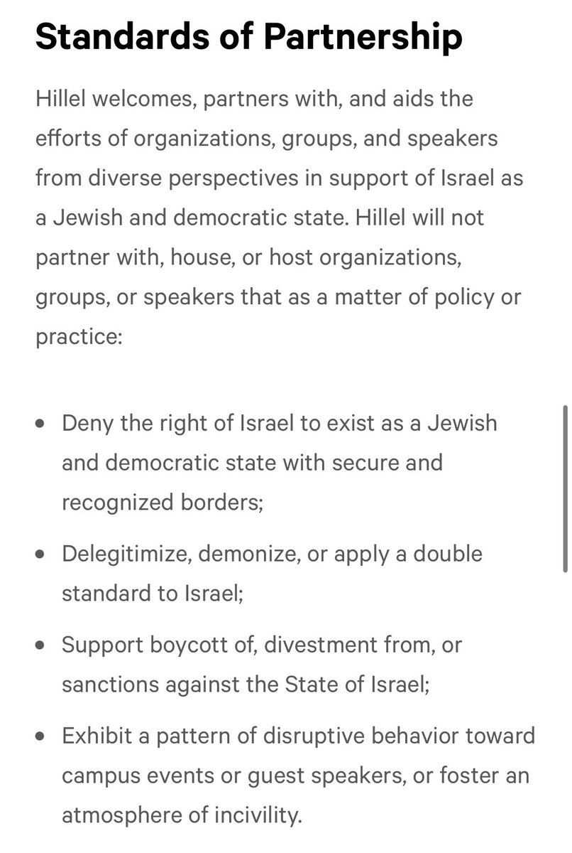 What’s even more ridiculous is pretending that Hillel isn’t an exclusively Zionist organization. From their Standards of Partnership: