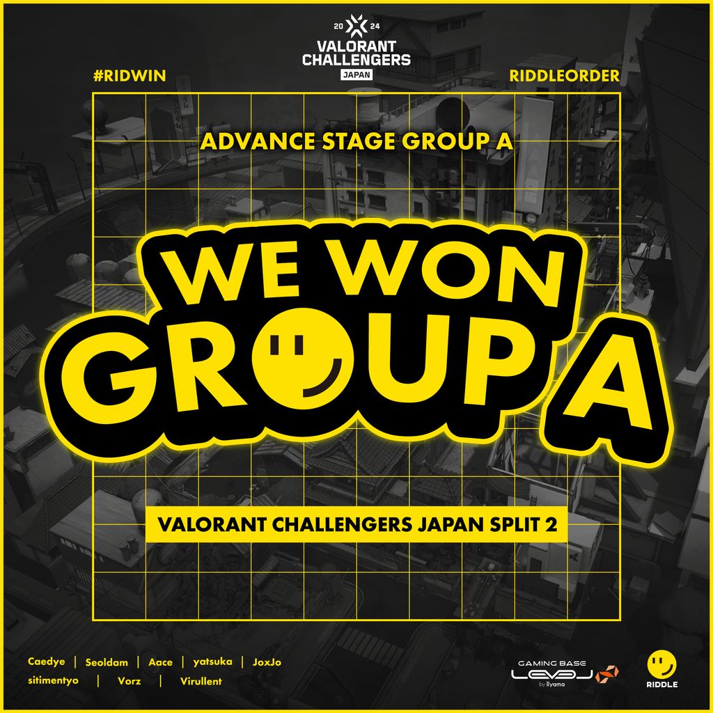 [ RIDDLEORDER - #VALORANT ] Challengers Japan 2024 Split 2 Advance Stage We won Group A. Caedye (@CaedyeuS) yatsuka (@yatsuka_07) Seoldam (@SeoldamTwit) Aace (@Aaceful) JoxJo (@JoXJo_by) 明日、5/6よりPlayoffが始まります。 引き続き応援よろしくお願いします！ ツ #RIDWIN