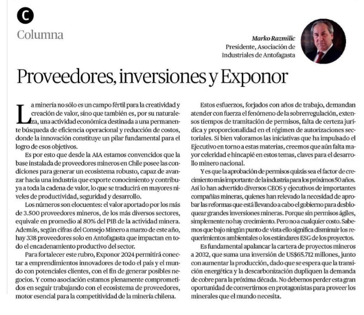 Opinión 👉🏼 Marko Razmilic, Presidente de AIA, en El Mercurio de Antofagasta: 'Y es que quizás la aprobación de permisos sea el factor de crecimiento más importante de la industria, para los próximos 50 años'. ¡Te invitamos a leerla!