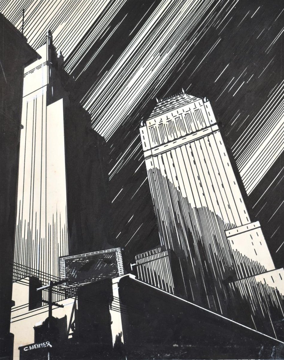 Charles Perry Weimer fue un ilustrador nacido a principios del siglo pasado en Elkins 🇺🇸. Resulta notable su técnica de dibujo para retratar el estilo Art Deco de las construcciones de los años 30.