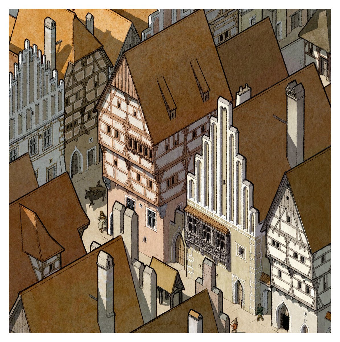 Well, here it is!
I sketched an isometric scenery of a late medieval german town 🤠