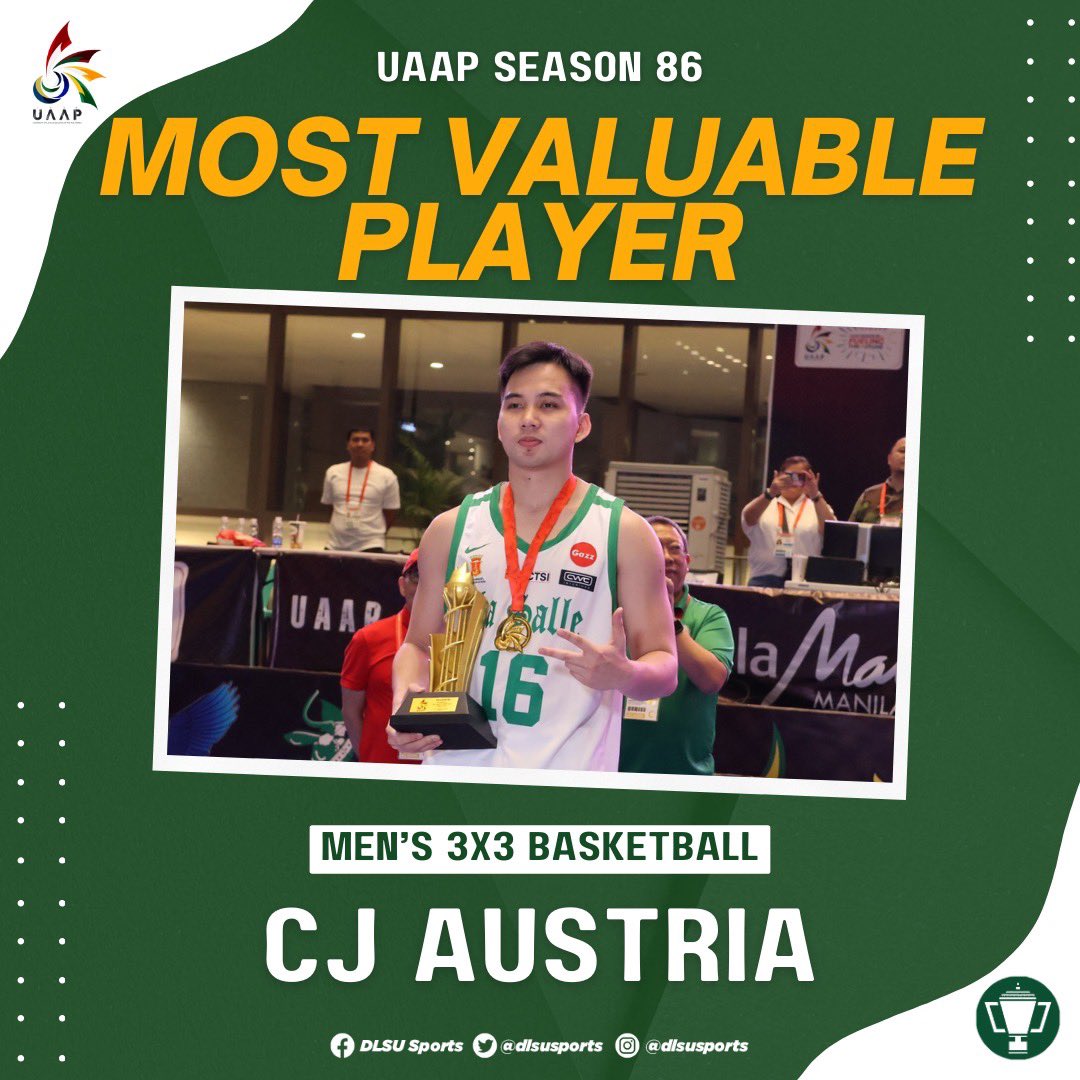 B2B 3x3 MVP 😤

Congratulations to our very own Cj Austria for winning this #UAAPSEASON86 3x3 Men’s Basketball Most Valuable Player!  

The Lasallian community is so proud of your achievement! 💚

 #GreenAllIn4TheWin #GoLaSalle #AnimoLaSalle #DLSUSports