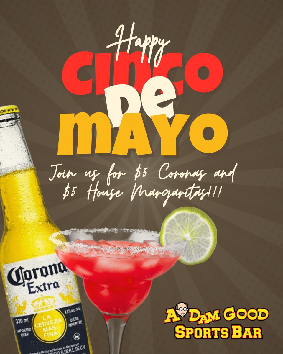 Happy Cinco de Mayo! Celebrate with us and enjoy $5 Coronas and $5 House Margaritas all day. 🎉🍹🍻

 #CincodeMayo #margaritas #coronas #CincoDeMayoFun #party #AdamGoodSportsBar #AdamGoodSportsBar #atlanticcity #sportbar #beer #40oz #tropicana