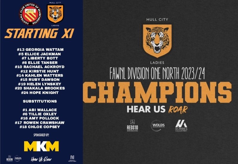 🚨 For the final time this season, Division One North Champions HCLFC Starting XI 🐯 11 𝐂𝐡𝐚𝐦𝐩𝐢𝐨𝐧𝐬 starts ⚽️ 5 𝐂𝐡𝐚𝐦𝐩𝐢𝐨𝐧𝐬 make the bench 🤝 @WOLDSENGSERVICE | @reds10ltd 🤝 @TruthLegal #HearUsRoar