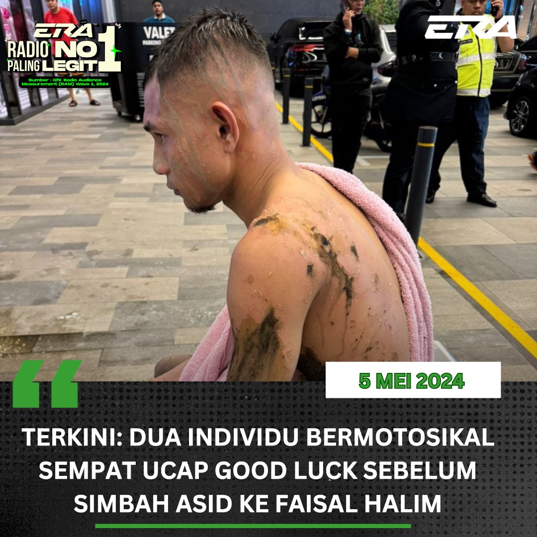 Dua individu bermotosikal sempat mengucapkan ‘good luck’ sebelum menyimbah asid kepada pemain sayap negara, Faisal Halim, demikian difahamkan oleh sumber Astro Arena. #sharERA #ERARadioNo1PalingLegit . Kredit @ASTROARENA