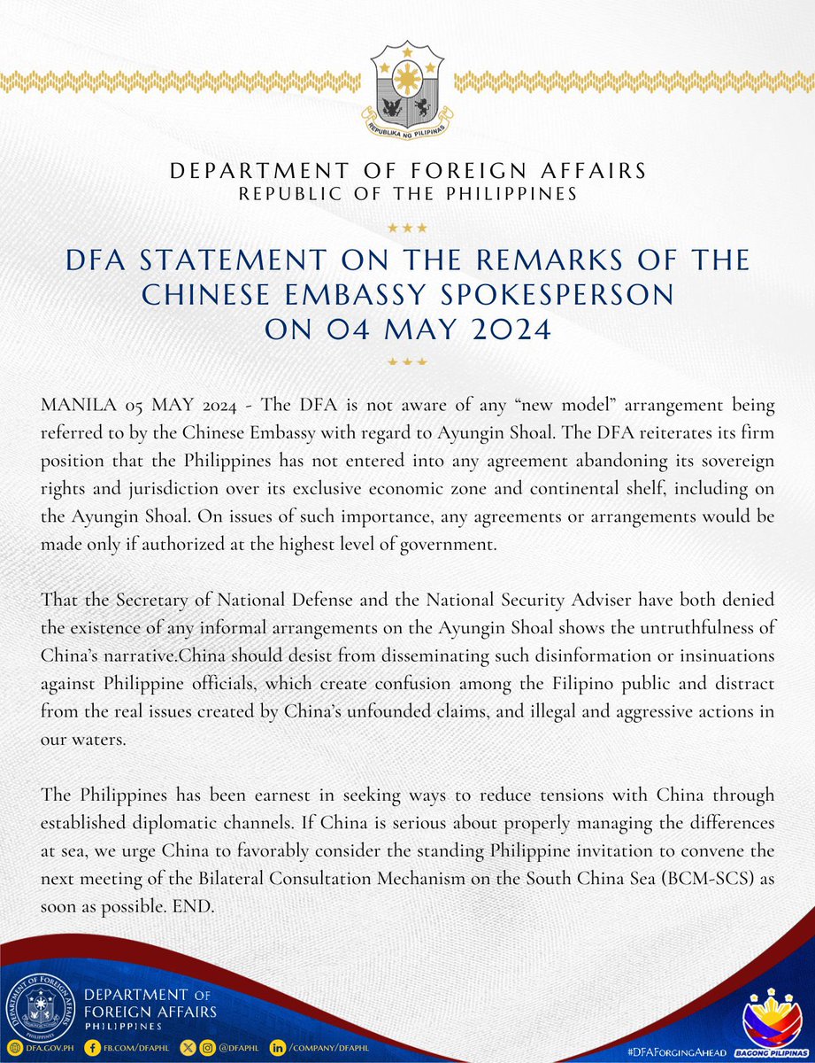UPDATE: The Department of Foreign Affairs reiterates that it is not award of any 'new model' arrangement with regard to Ayungin Shoal. The DFA made the statement in response to the Chinese Embassy's claims of an existing model to manage tensions. ths PH gov't also urges China…